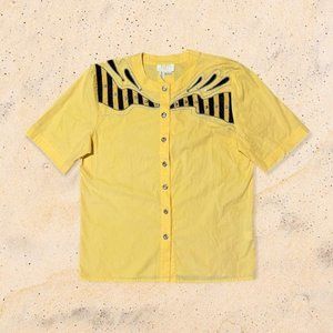 Joseph Ho blouse yellow & black embroidery gold buttons sz 12 women's top luxe